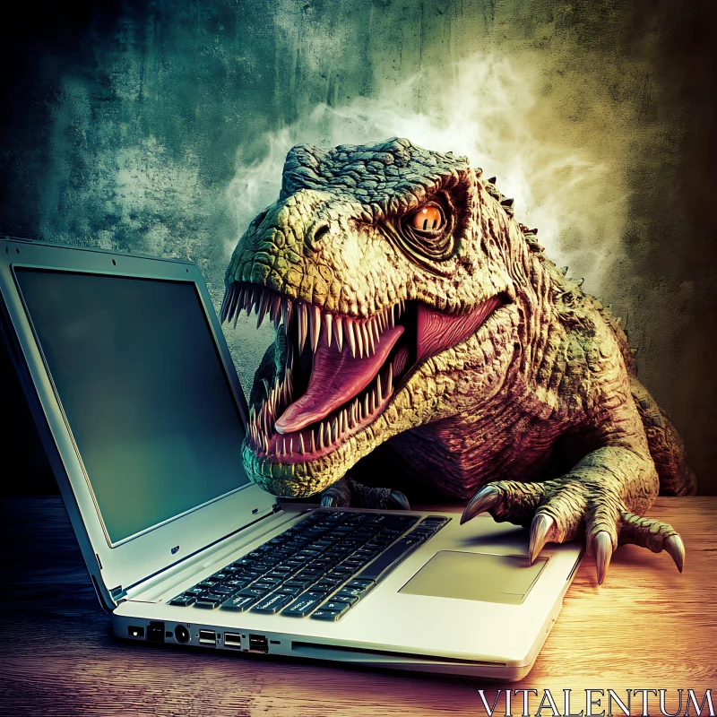 AI ART Dinosaur and Laptop Encounter in Office Setting