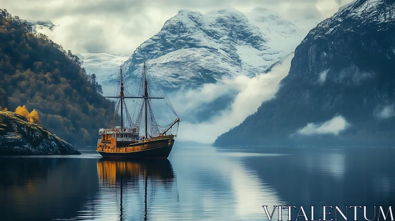 Peaceful Boat on Misty Mountain Lake AI Image