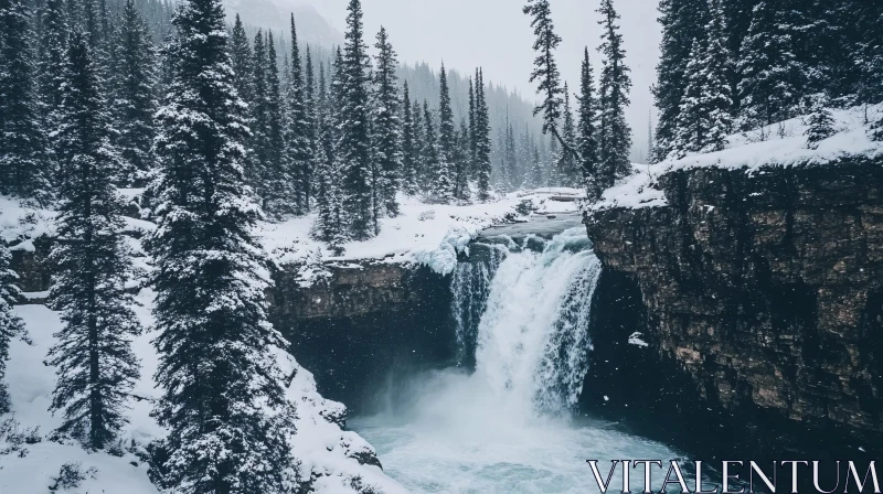 AI ART Winter Wonderland: A Cascade Amidst Snowy Pines