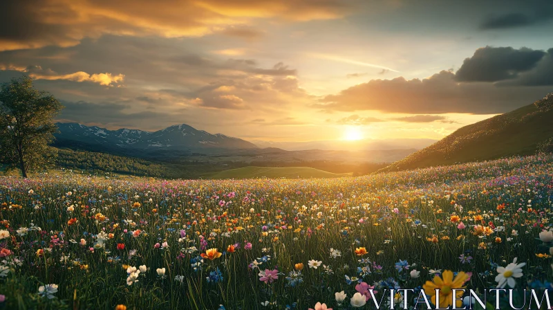 AI ART Mountain Meadow During Sunset