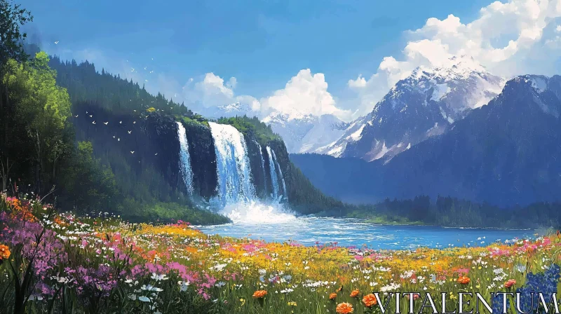 AI ART Majestic Natural Landscape with Waterfall and Blossoming Field