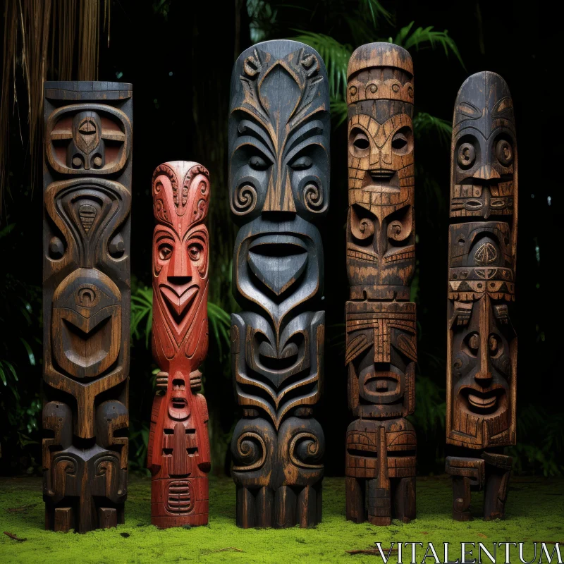 Enigmatic Maori Art: Wooden Tiki Statues Amidst Jungle Foliage AI Image