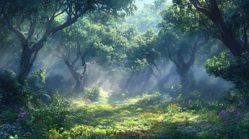 Enchanting Forest with Sunlit Pathway