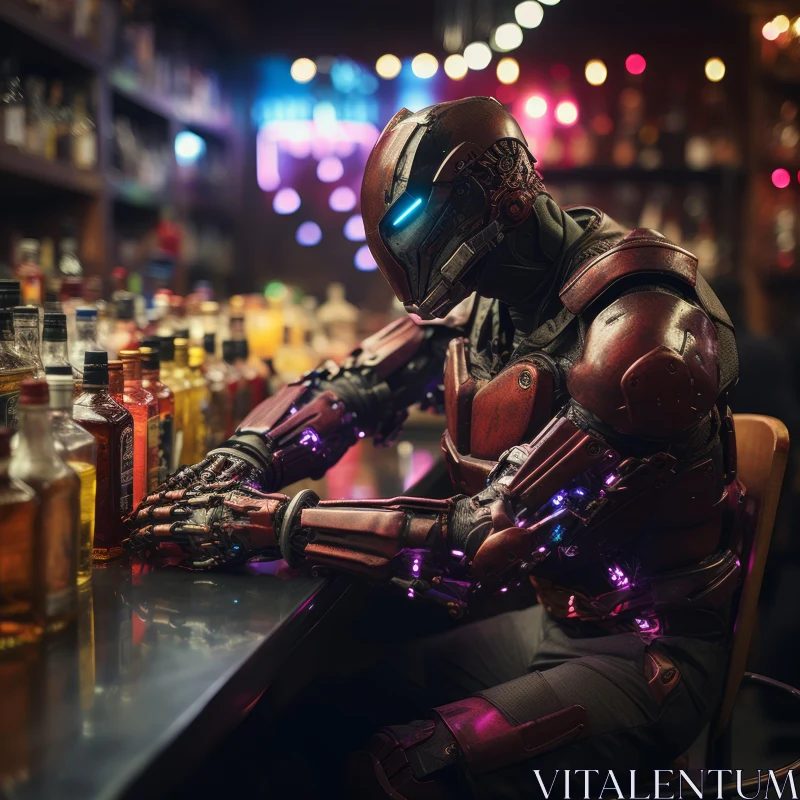Robotic Character at a Bar: A Moody Superhero Scene AI Image