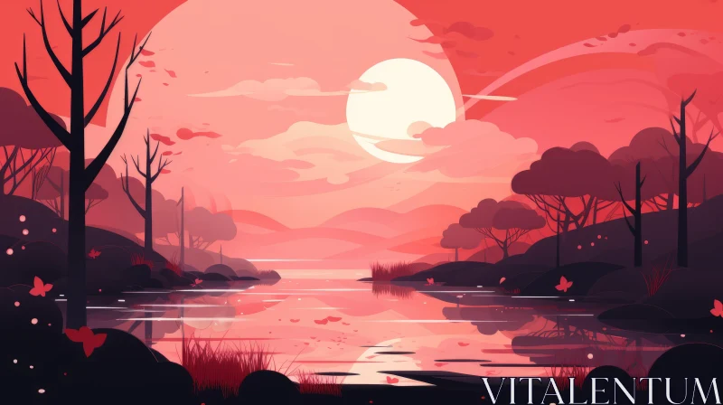Romantic Moonlit Sunset on a Lake AI Image