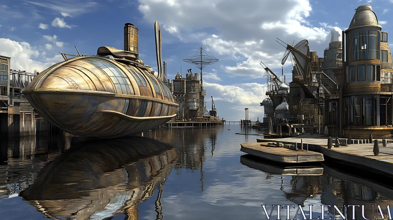 Futuristic Steampunk Dock Scene with Submarine AI Image