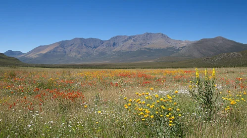 Wildflower Meadow and Mountain Range Under Blue Sky