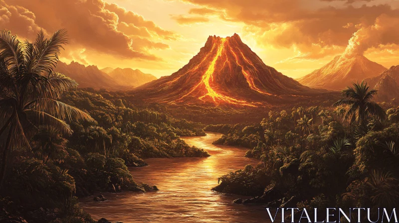 AI ART Sunset Over a Fiery Volcano and Jungle