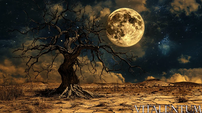 AI ART Moonlit Barren Landscape with Mysterious Tree