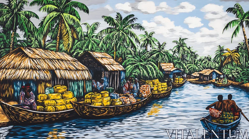 Tropical Riverside Market with Boats and Huts AI Image