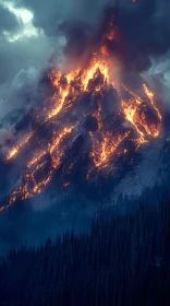 Mountain Ablaze with Volcanic Fire Amidst a Misty Forest