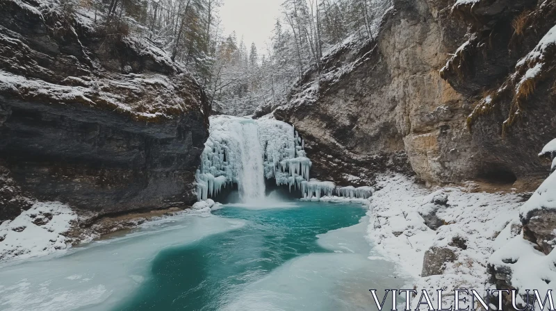 AI ART Snowy Cliffs and Frozen Turquoise Waterfall