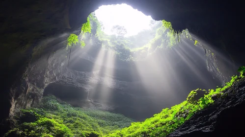 Cave with Sun Beams and Vivid Green Plants