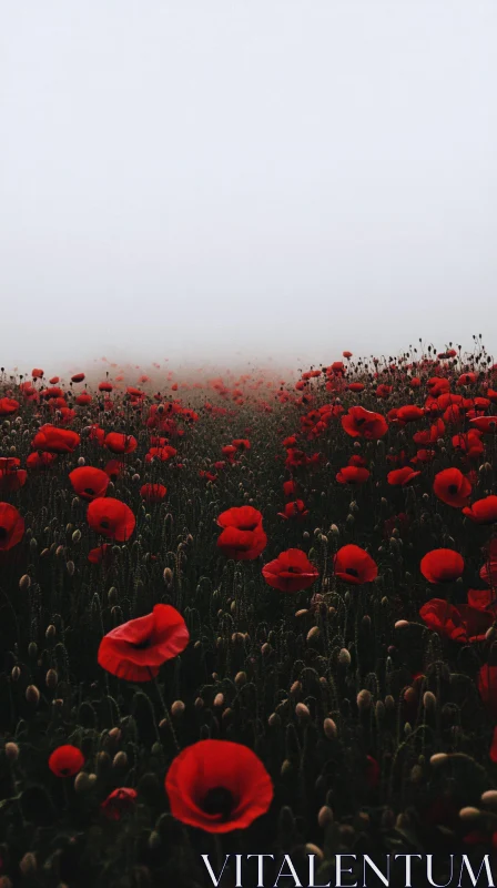 Misty Floral Landscape with Red Poppies AI Image