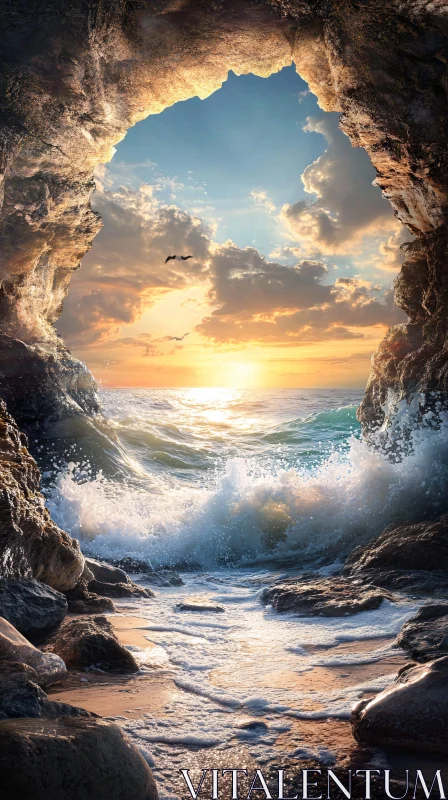 AI ART Breathtaking Coastal Cave Sunset