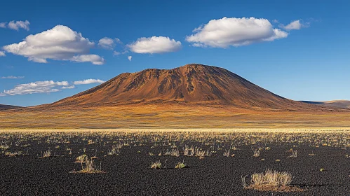 Volcanic Mountain in Serene Grassland