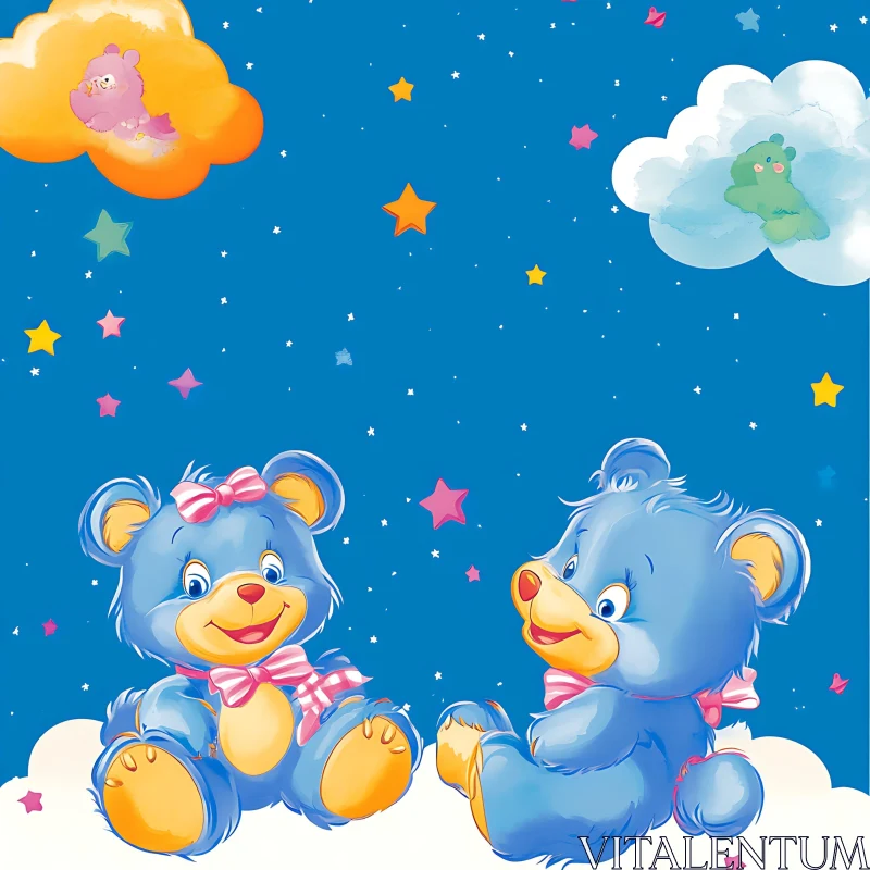 Cute Animated Bears under a Starry Sky AI Image