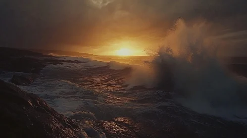 Golden Sunset Over Rough Ocean Waves