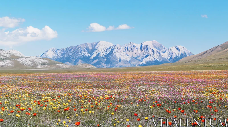 Colorful Floral Meadow and Snowy Peaks AI Image