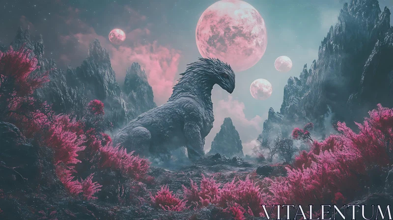 Fantastical Dragon Scene with Pink Moons and Alien Terrain AI Image