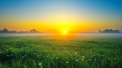 Golden Sunrise in a Misty Field