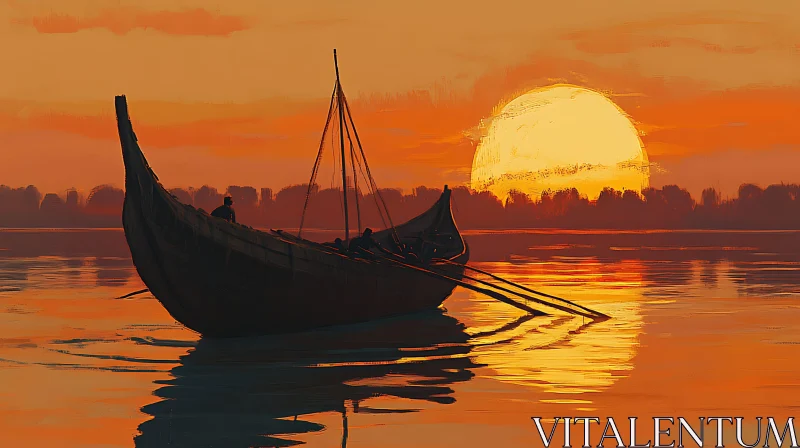 Tranquil Sunset and Boat Reflection Scene AI Image