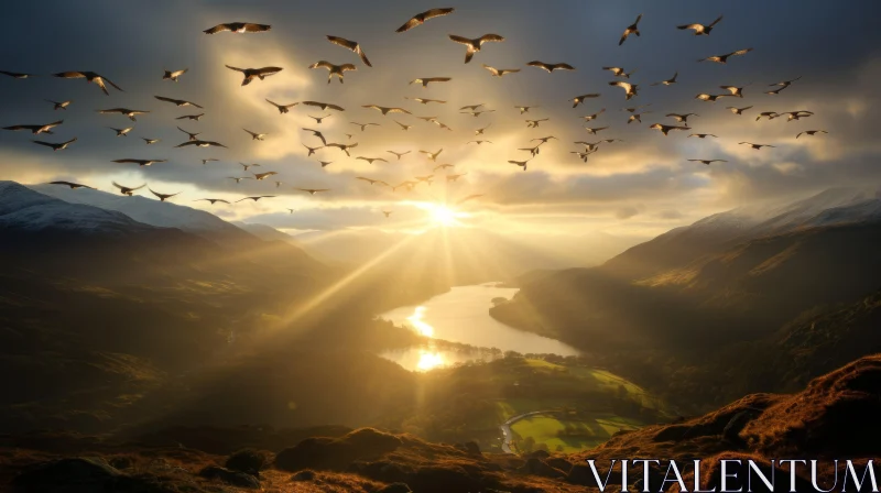 Birds Over Scottish Mountains in Golden Sunrise AI Image