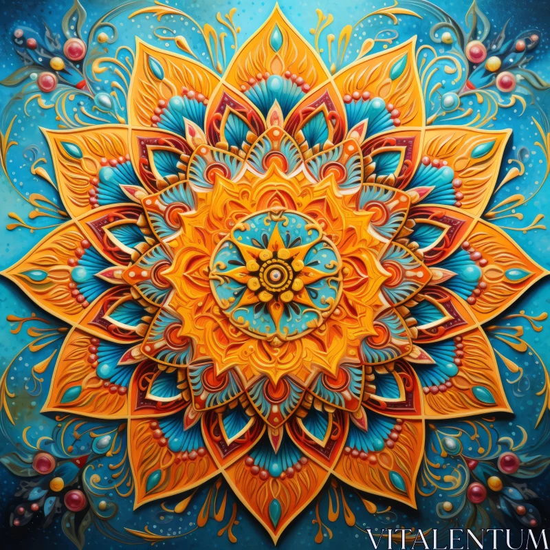 Blue and Orange Mandala Fantasy Artwork - Intricate Mural Painting AI Image