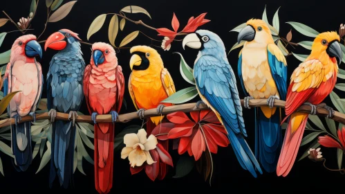 Colorful Parrots on Branch with Florals - Mural Style Artwork