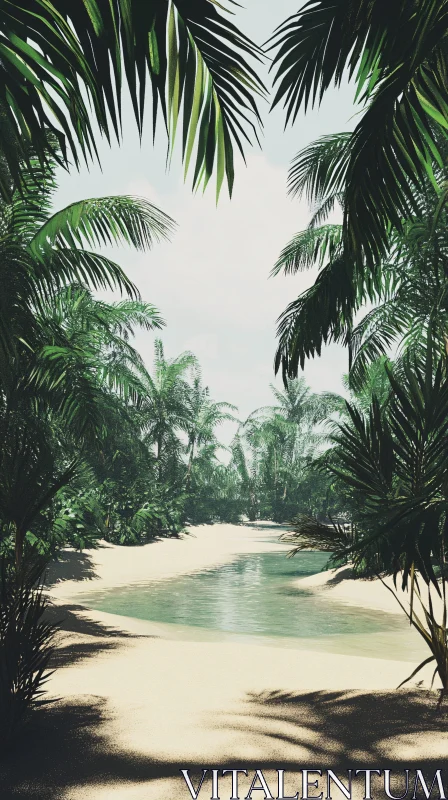 Tropical Paradise: Palm Trees and Stream AI Image