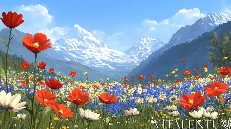 AI ART Lush Wildflower Landscape and Majestic Mountains