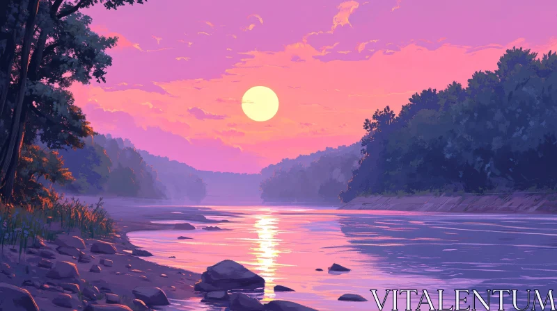 Tranquil River Sunset with Reflecting Colors AI Image