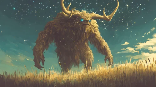 Colossal Horned Creature in Nighttime Fantasy Landscape