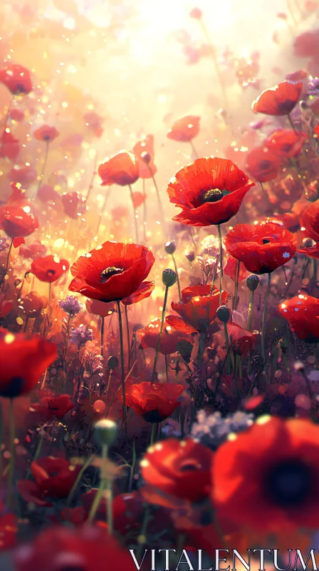 Enchanting Red Poppy Field in Early Morning Light AI Image