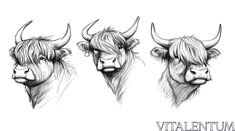 Trio of Highland Cows Illustration AI Image