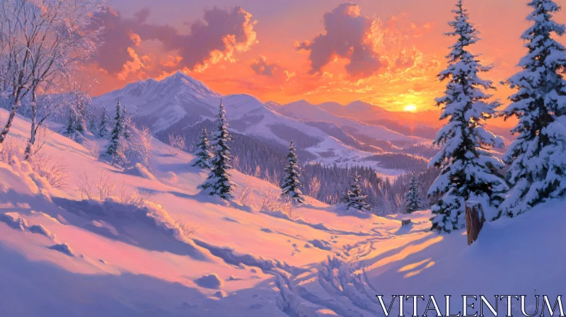 AI ART Serene Snowy Mountain Landscape at Sunset