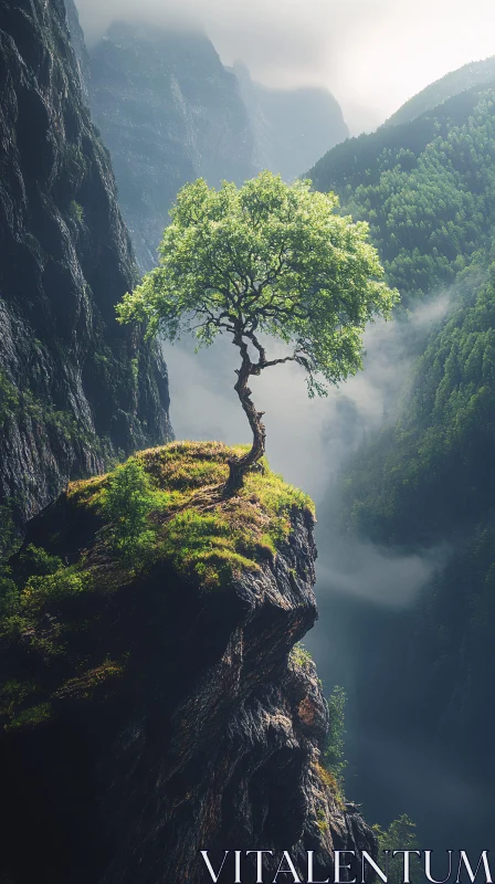 AI ART Lone Tree Amidst Thick Mist and Mountains