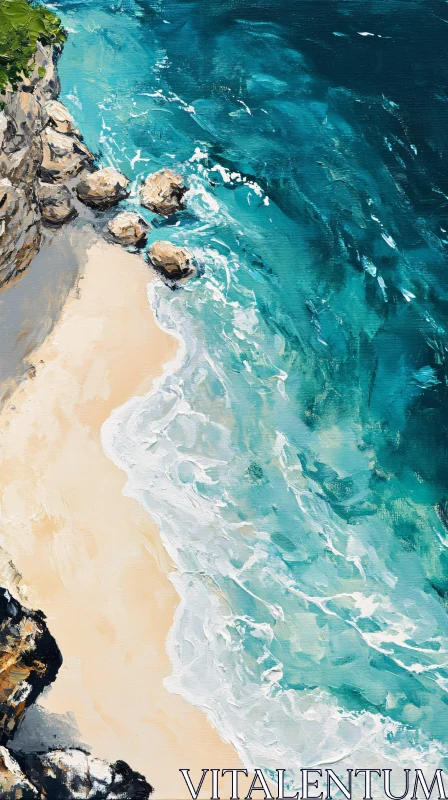 Serene Coastal Painting with Rugged Cliffs and Waves AI Image