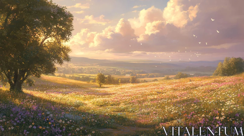 Sunset Bliss in a Flowered Field AI Image