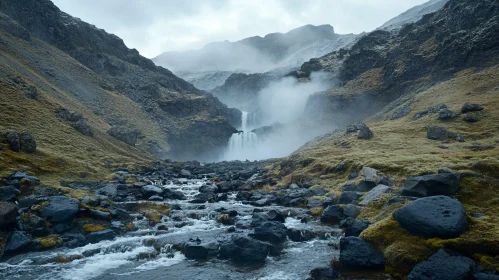 Enchanted Misty Waterfall in a Rocky Valley