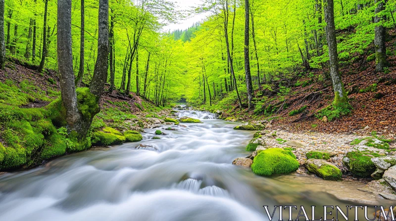 Peaceful Stream in Verdant Forest AI Image