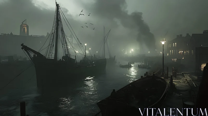 Foggy Night Harbor Scene AI Image