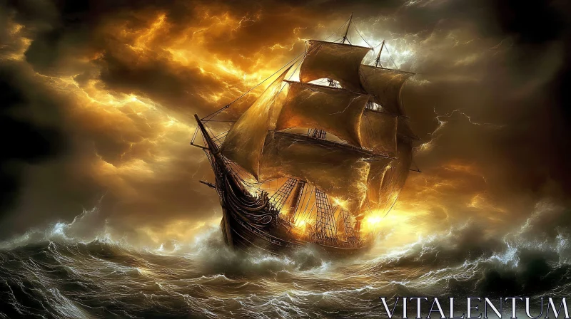 Ancient Ship in Stormy Waters at Sunset AI Image