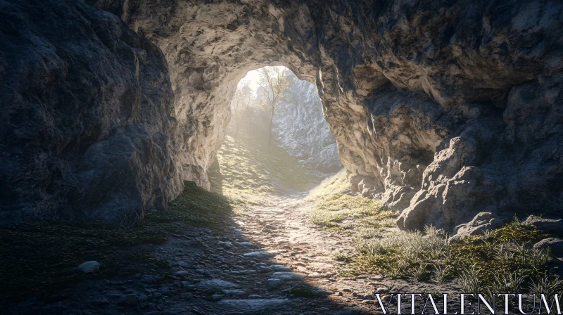 AI ART Rocky Cave Pathway Illuminated by Sunlight