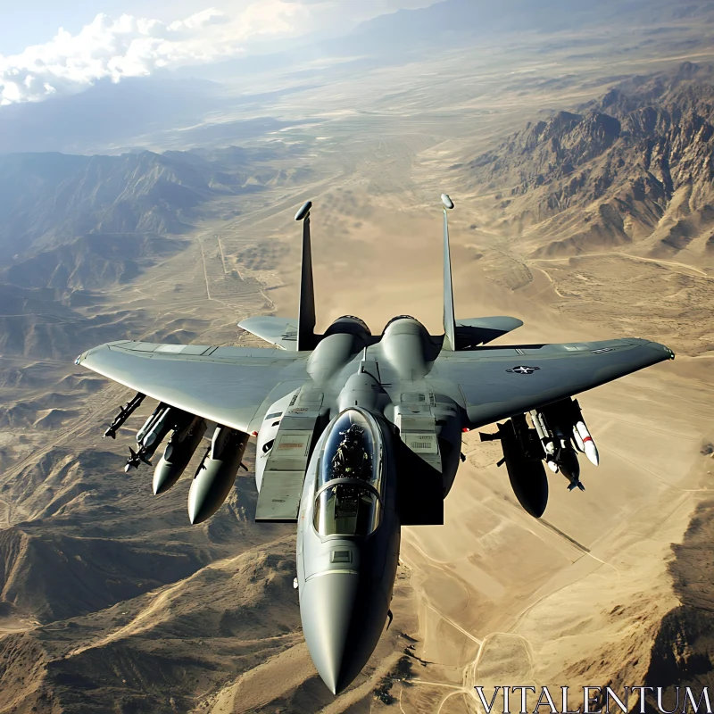 Aerial View of Military Jet Above Desert and Mountains AI Image