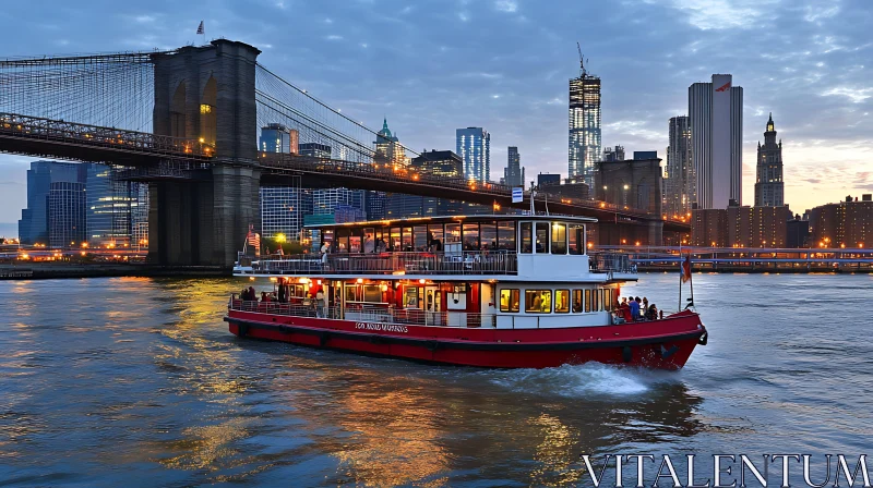 Nighttime Cityscape with Boat and Bridge AI Image