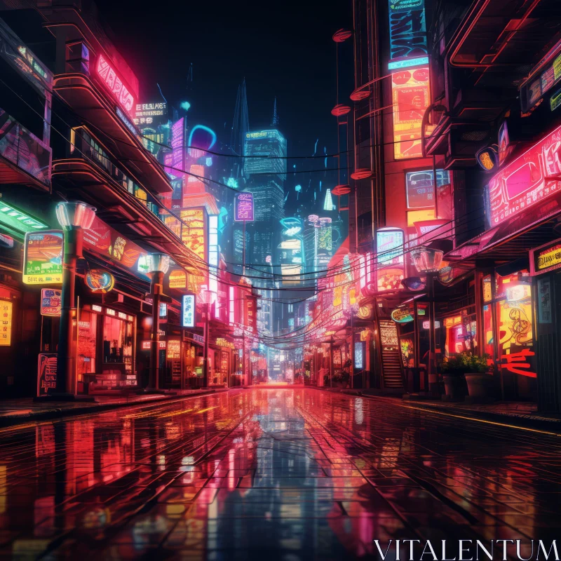 Futuristic City Street Illuminated by Neon Lights AI Image