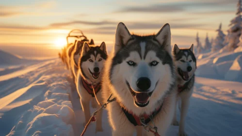 Siberian Huskies Journey in Snow at Sunset - Artistic Portrait