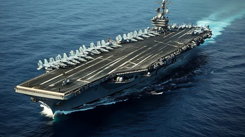 Navy Aircraft Carrier with Fighter Jets at Sea