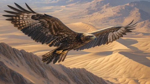 Eagle in Flight Above Golden Desert Peaks